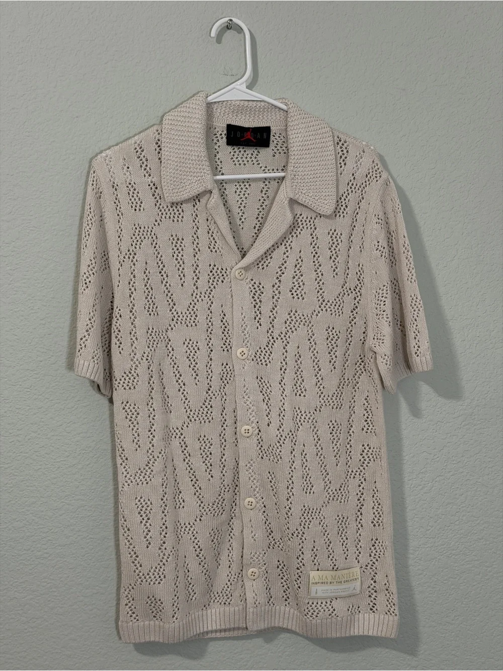Nike Jordan A Ma Maniere Men's Cream Open-Knit Button-Up Shooting Shirt size XS